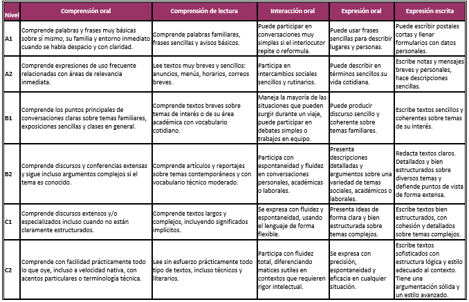 Tabla dominio del idioma